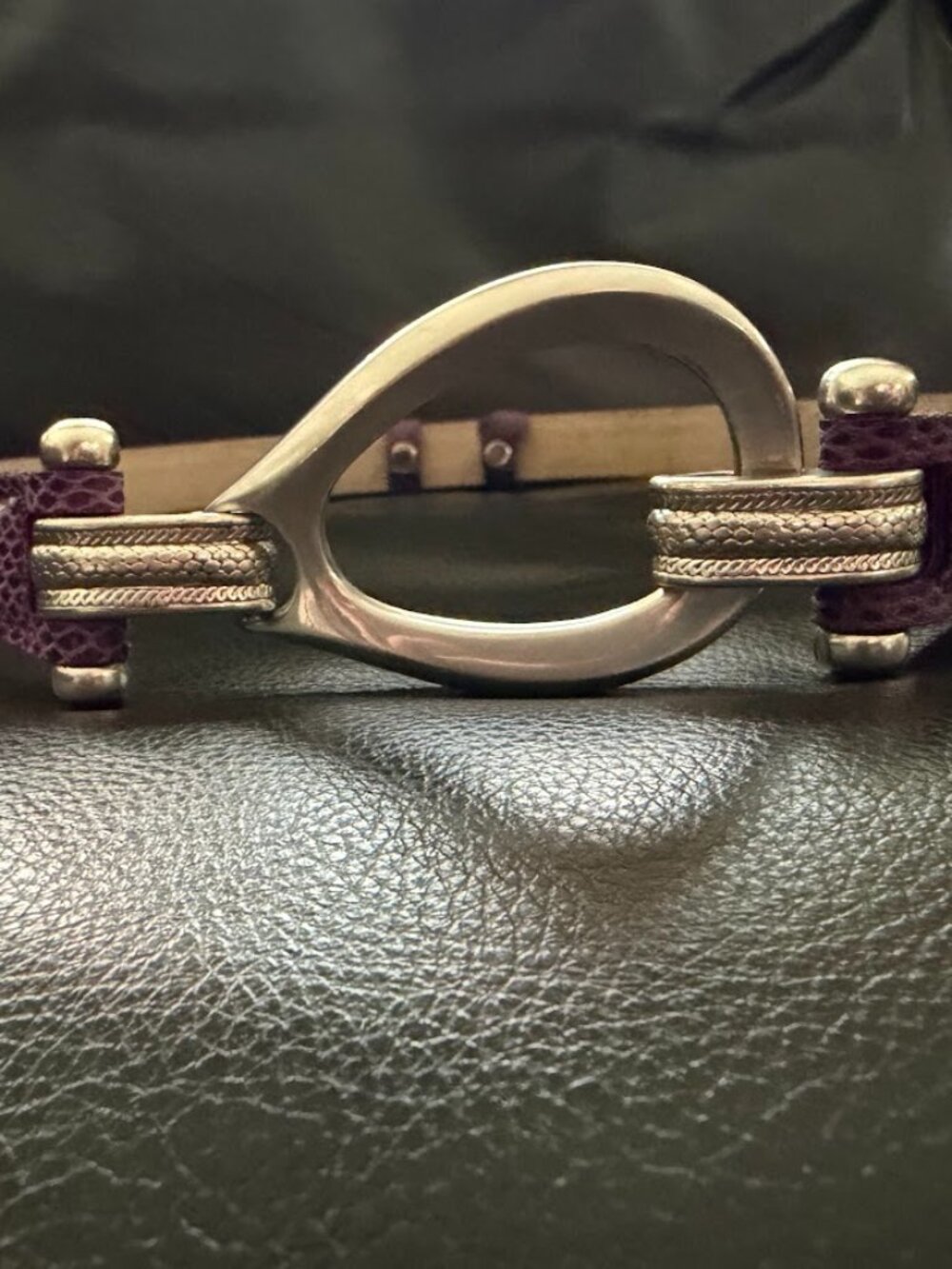 Purple Lizard-embossed belt with silver buckle